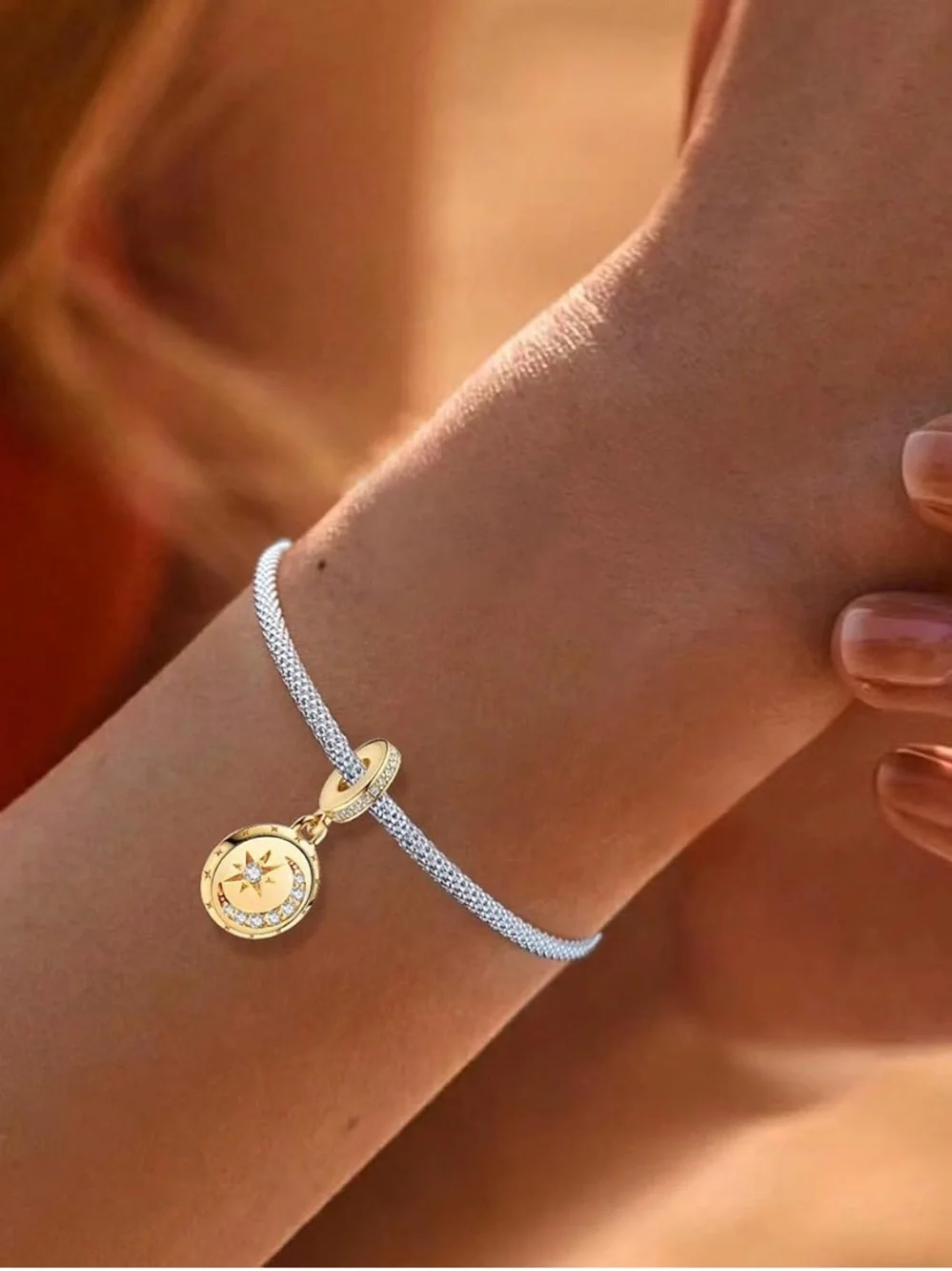 925 Gold Moon & Star Dangle Charm CZ Celestial I Love You Moon Back